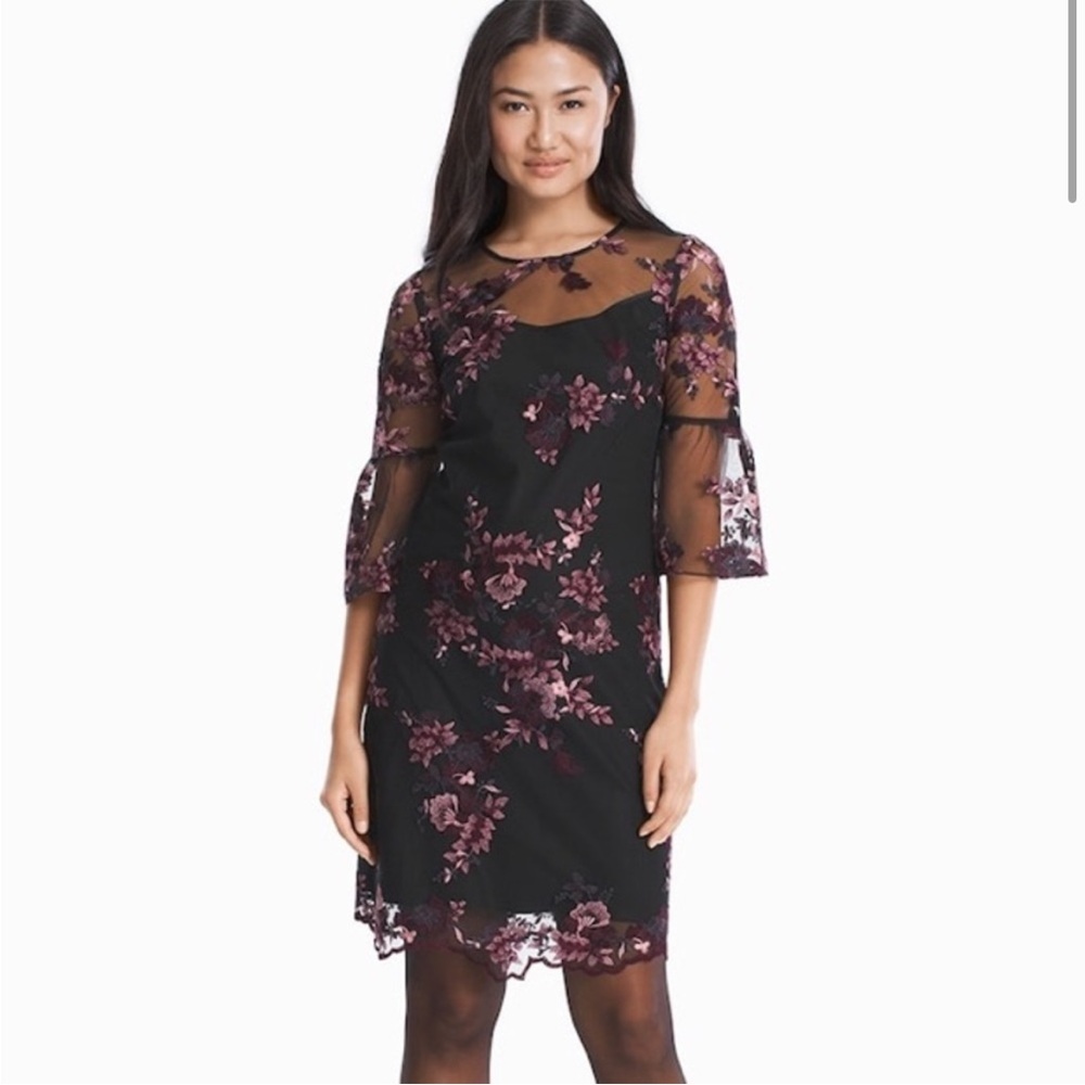 WHBM Bell-sleeve Black Sheer Purple embroidered dress